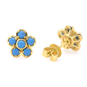 Blue Turquoise  Flower  Earrings 14k