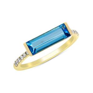 14k Yellow Gold, Diamond, Blue Rectangle Center, Ring