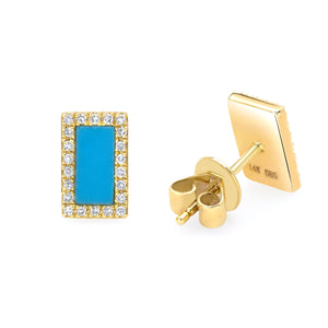 14K Yellow Gold, Diamond, Square Turquoise , Earring