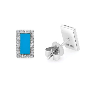 14K White Gold, Diamond, Square Turquoise , Earring