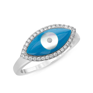 Blue Turquoise and Diamond Evil eye Ring 14k