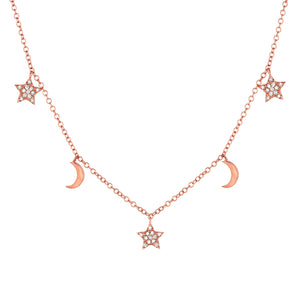 14k Rose Gold, Diamond, Star & Moon, Necklace