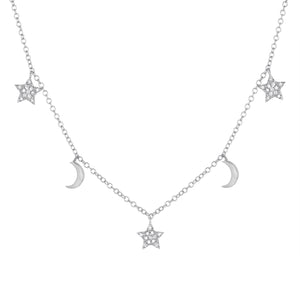 14k White Gold, Diamond, Star & Moon, Necklace