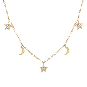 14k Yellow Gold, Diamond, Star & Moon, Necklace