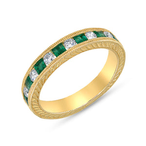 14k Yellow Gold, Diamond , Engraved Green Emerald Ring