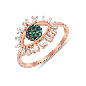 14K Yellow Gold, Diamond Emerald, Evil Eye Ring