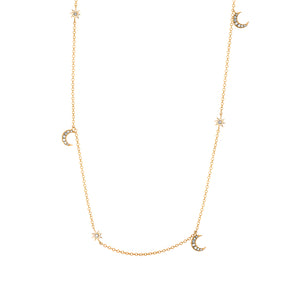 14k Yellow Gold, Diamond, Alternate Moon & Star Necklace