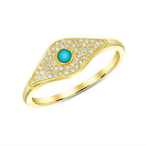 14K Yellow Gold, Diamond, Evil Eye Ring with Turquoise Center