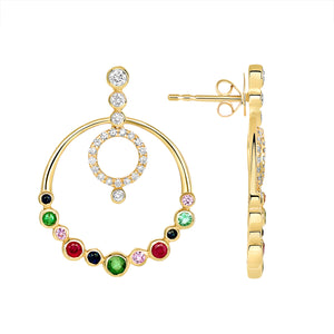 14K Yellow Gold, Multi Color Sapphire Dangling Earrings