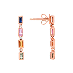 14K Rose Gold, Diamond, Four Multi Color Fancy Shape Sapphires Dangling Earrings