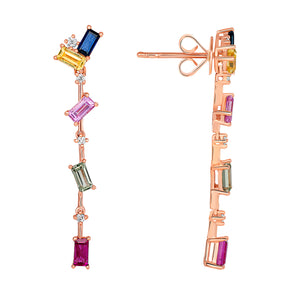 14K Rose Gold, Diamond, Multi Color Sapphire Chain Dangling Earrings