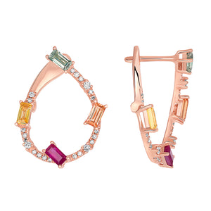 14K Rose Gold, Diamond, Multi Color Rounded Fancy Shape Sapphires Dangling Earrings