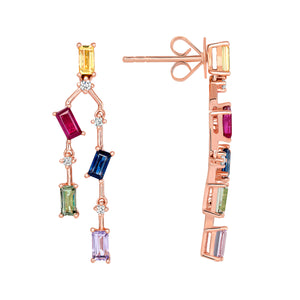 14K Rose Gold, Diamond, Multi Color Sapphires Double Chain Fancy Dangling Earrings