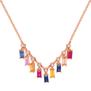 14k Rose Gold, Diamond, Nine Multi Color Sapphires Fancy Shape Necklace